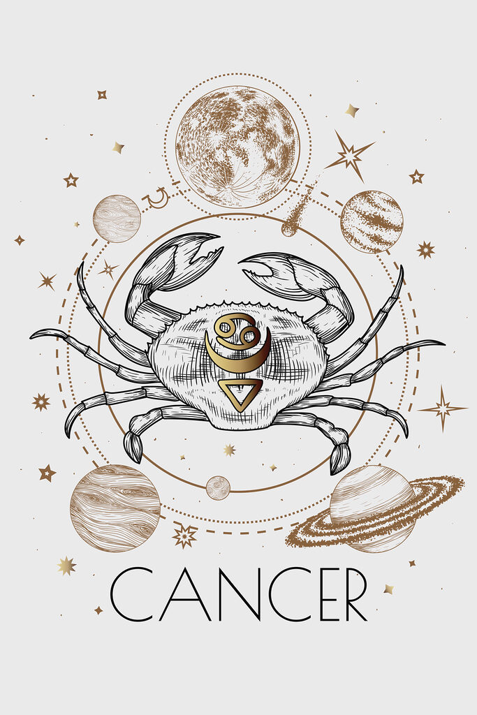 A cancer zodiac sign with planets and stars