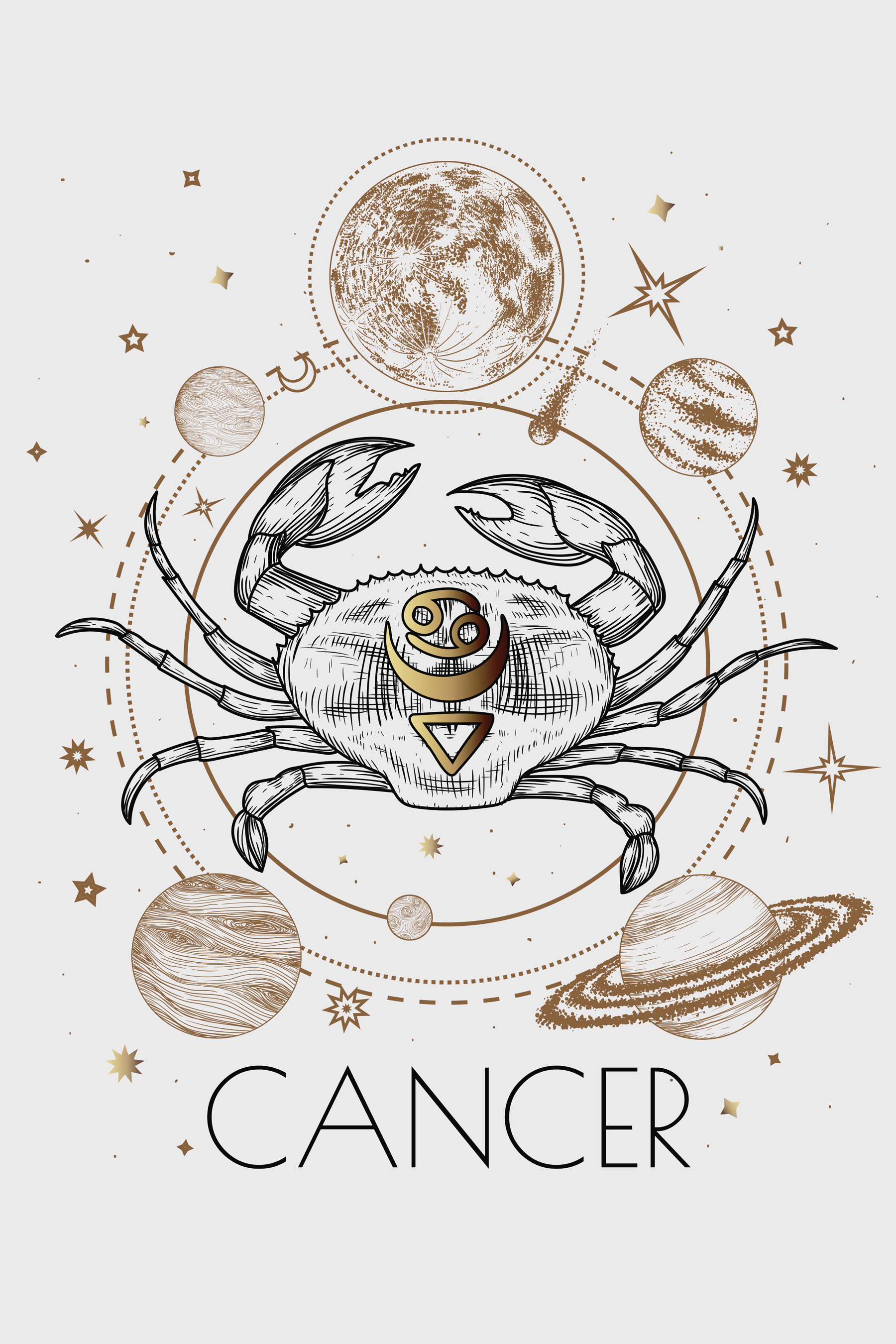 A cancer zodiac sign with planets and stars