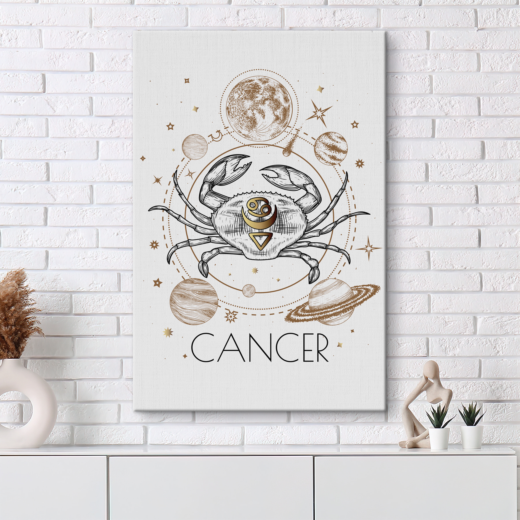 A cancer zodiac sign with planets and stars