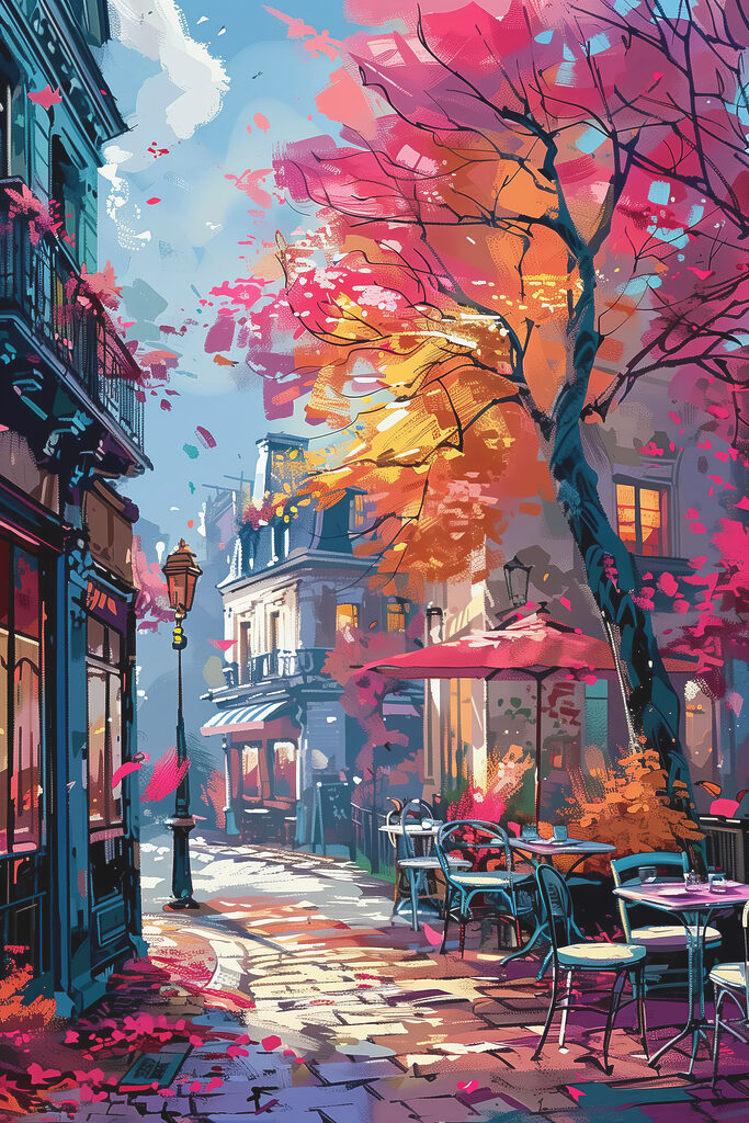 A street with tables and chairs and umbrellas