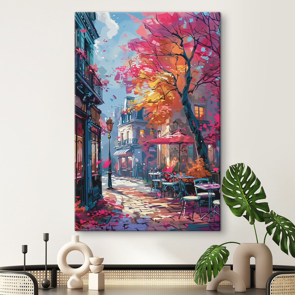 A street with tables and chairs and umbrellas