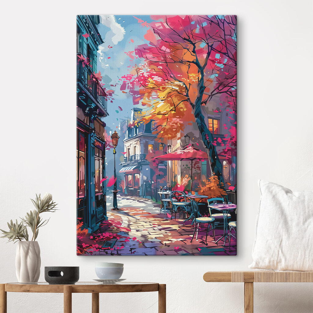 A street with tables and chairs and umbrellas