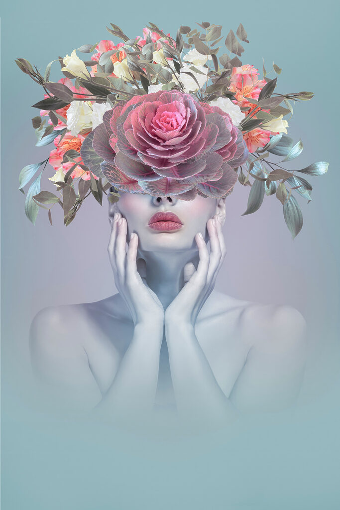 A woman with flowers on her head