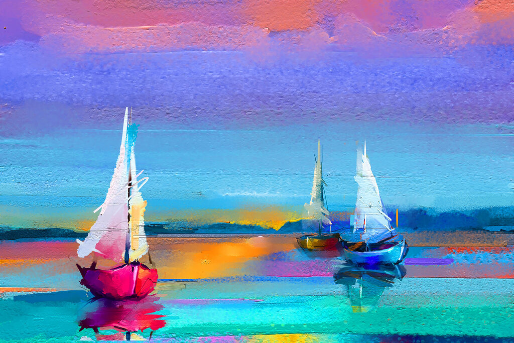 A painting of boats on water