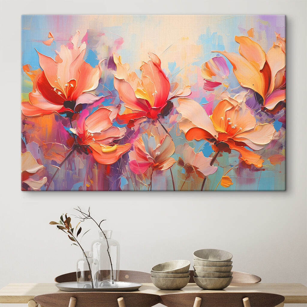 A painting of flowers on a blue background