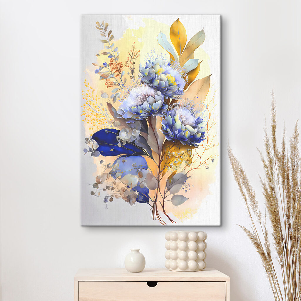 A painting of flowers and leaves