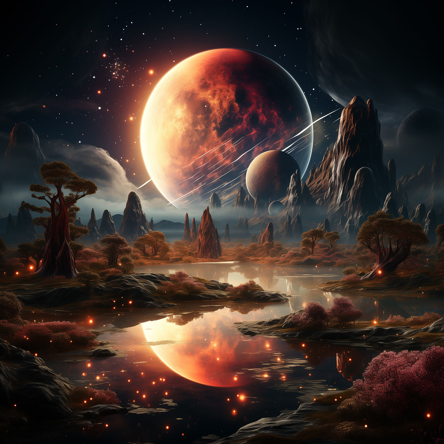 A landscape with a river and a moon