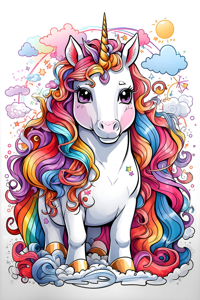 A cartoon unicorn with rainbow hair