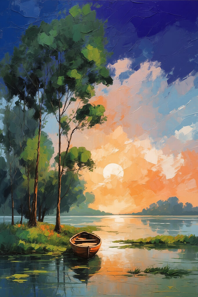 A painting of a boat on a lake
