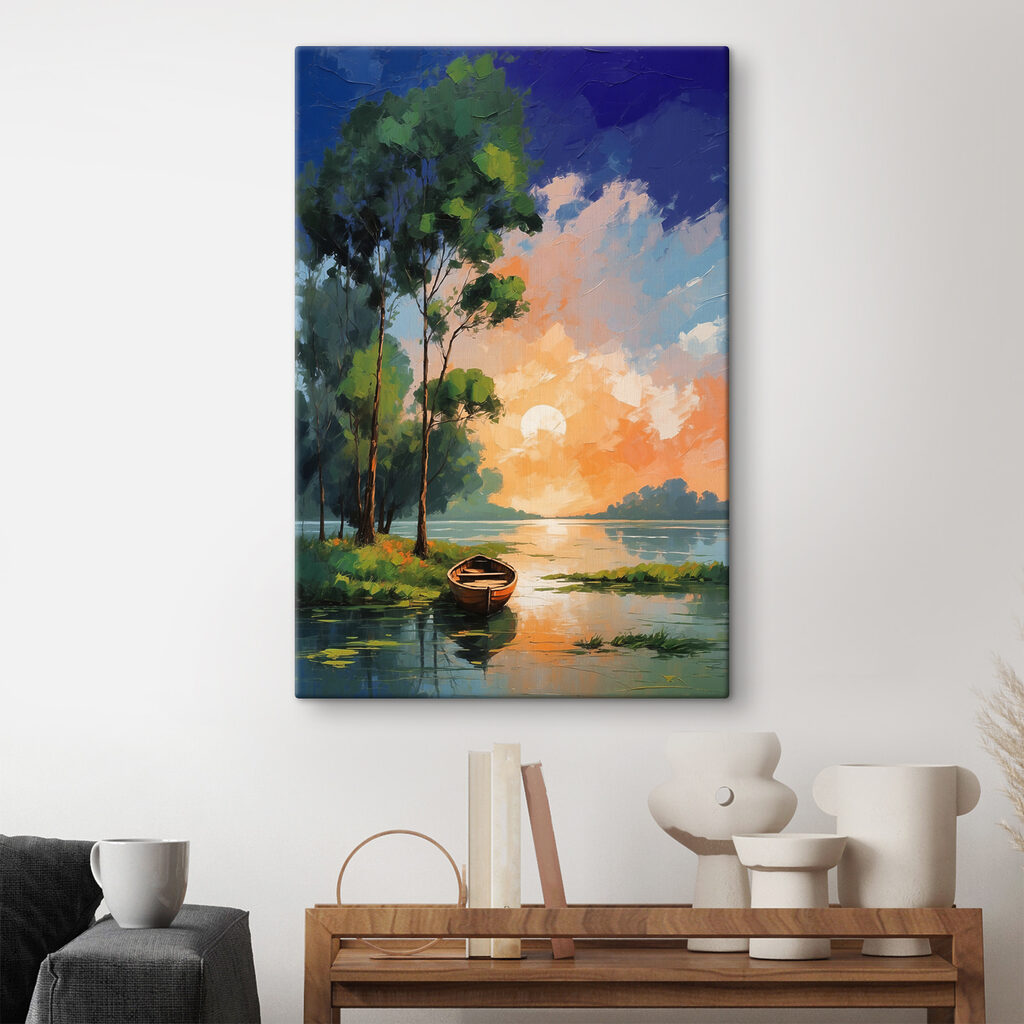 A painting of a boat on a lake