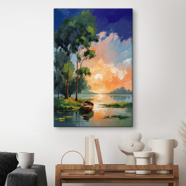 A painting of a boat on a lake A painting of a boat on a lake