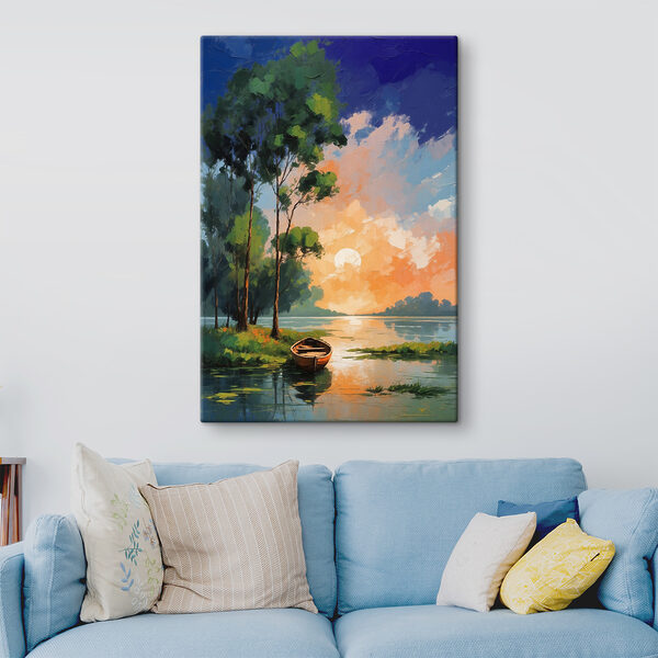 A painting of a boat on a lake A painting of a boat on a lake