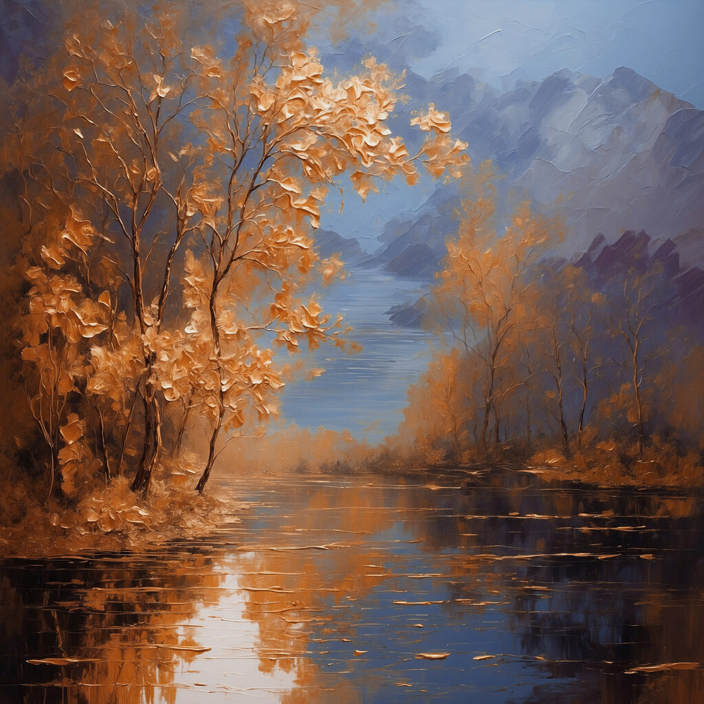 A painting of trees and water