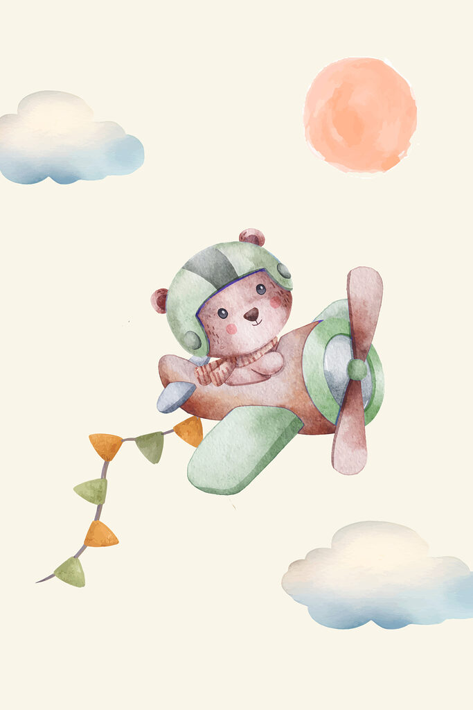 A watercolor painting of a teddy bear in a plane
