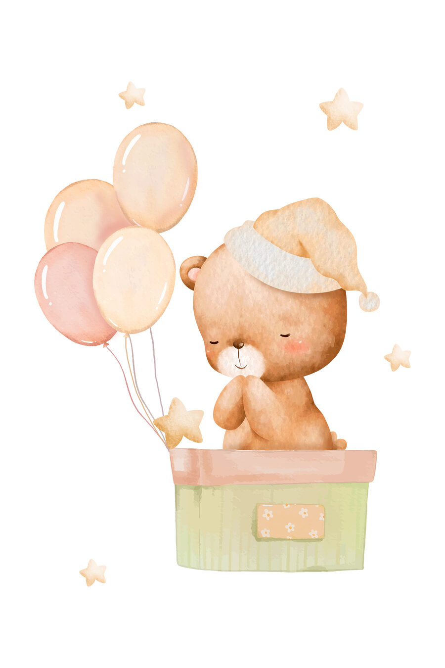 A teddy bear in a box with balloons A teddy bear in a box with balloons
