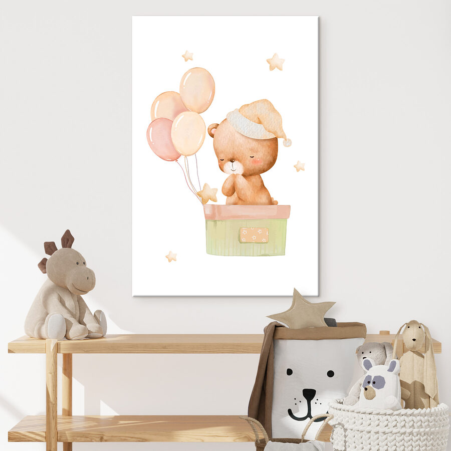 A teddy bear in a box with balloons A teddy bear in a box with balloons