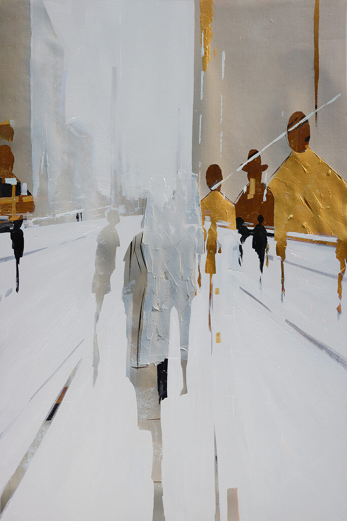 A painting of people walking on a snowy street