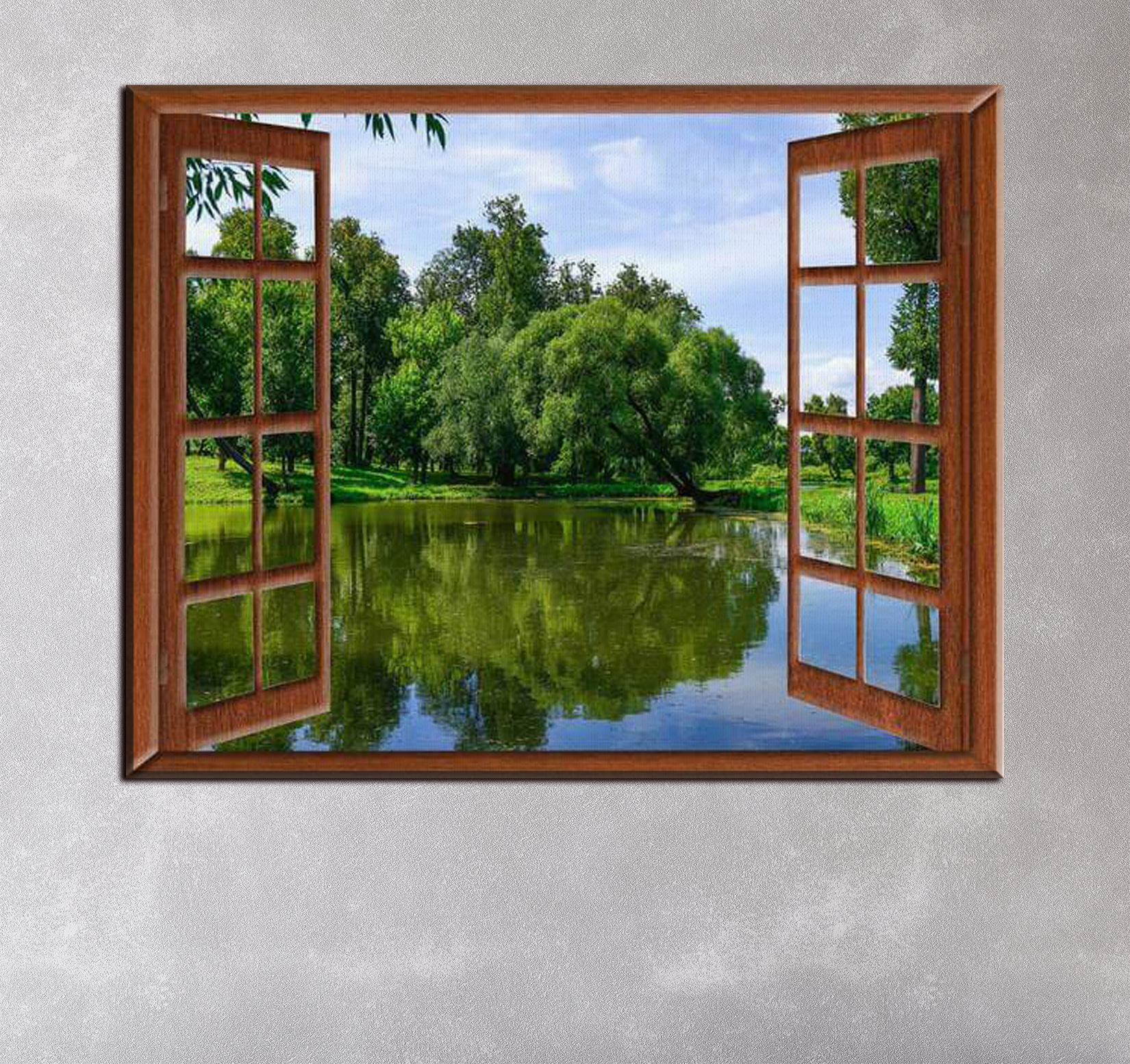 A window with a lake and trees