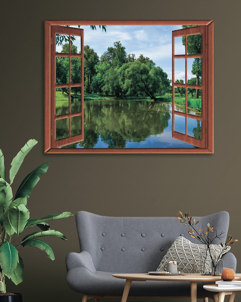 A window with a lake and trees