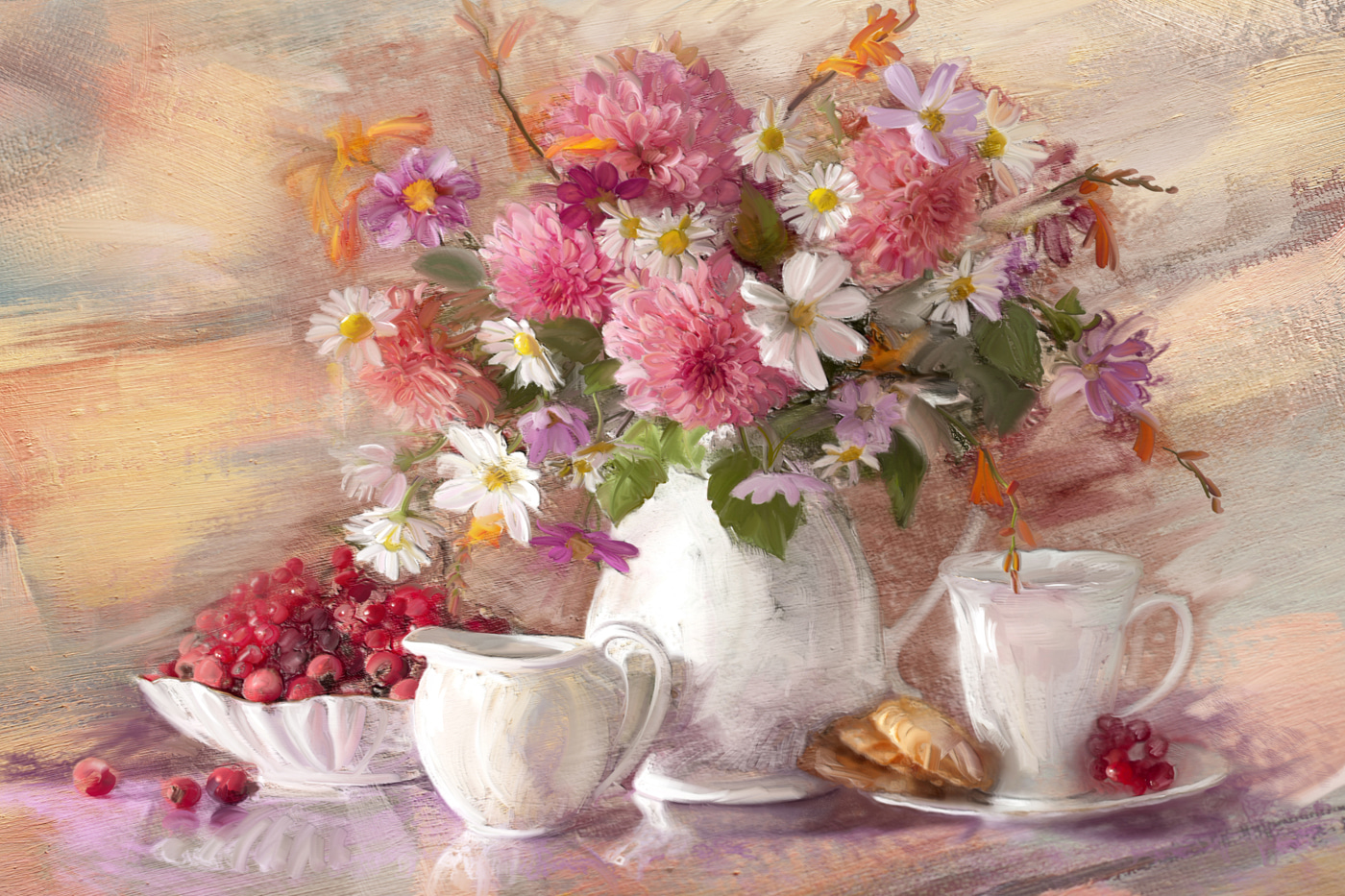 A painting of flowers in a vase and a bowl of croissants