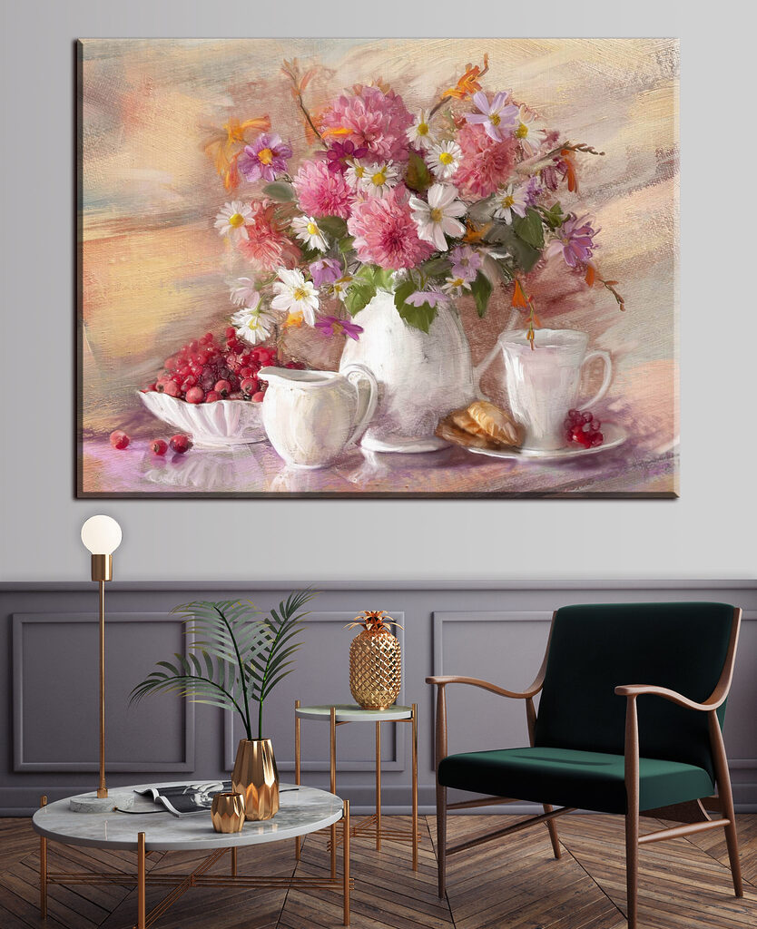 A painting of flowers in a vase and a bowl of croissants A painting of flowers in a vase and a bowl of croissants