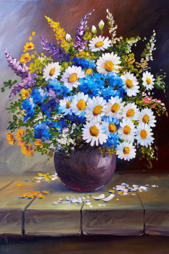 A painting of flowers in a vase