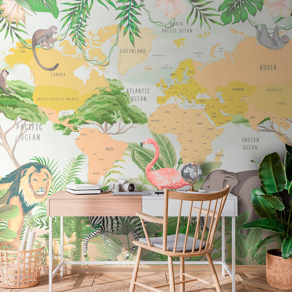 A map of the world with animals