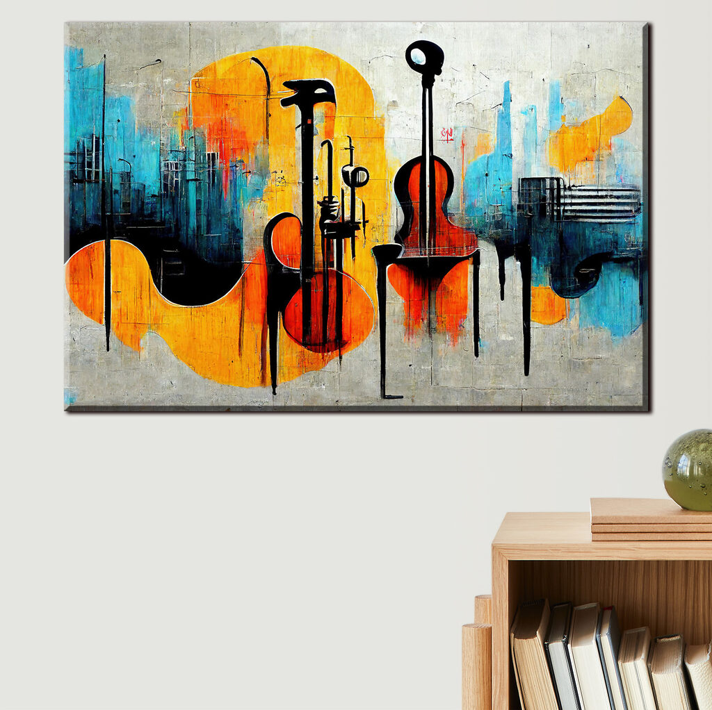 A painting of guitars and instruments
