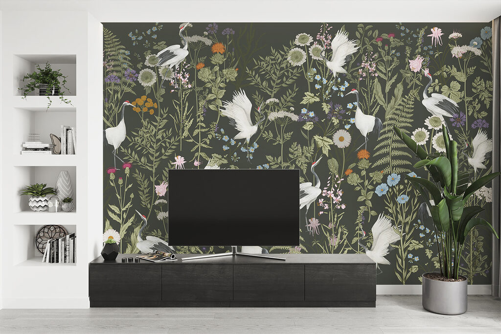 A wallpaper with birds and flowers