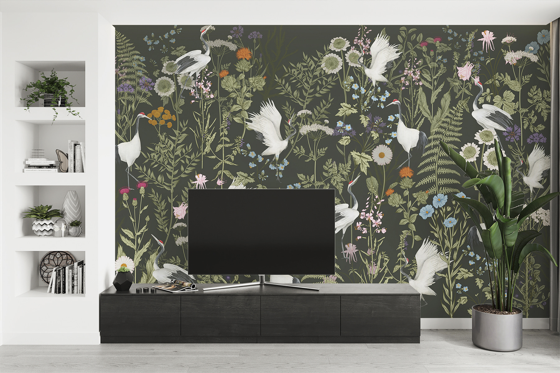 A wallpaper with birds and flowers