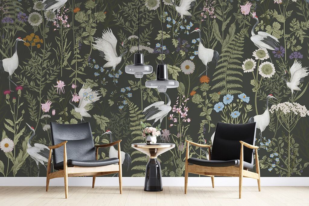 A wallpaper with birds and flowers