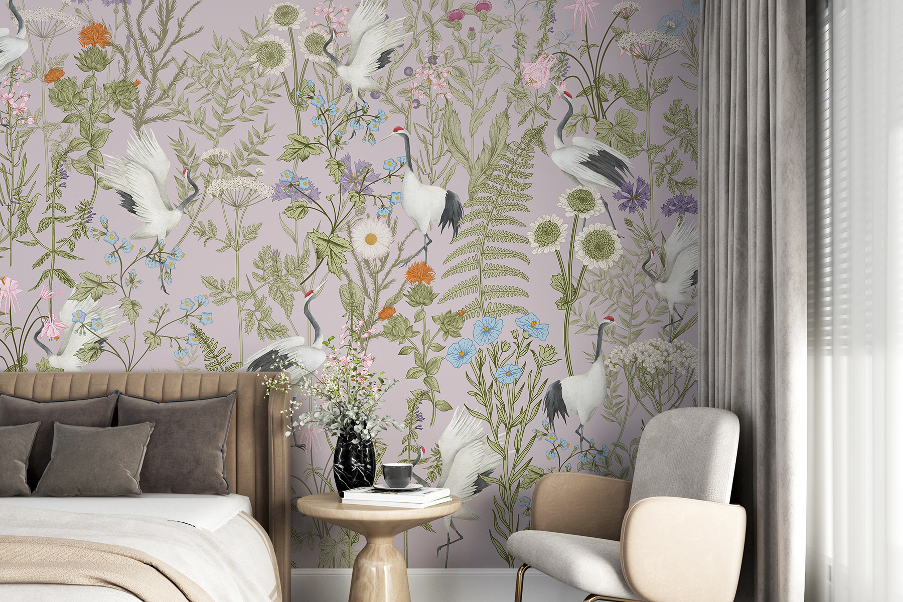 A wallpaper with birds and plants