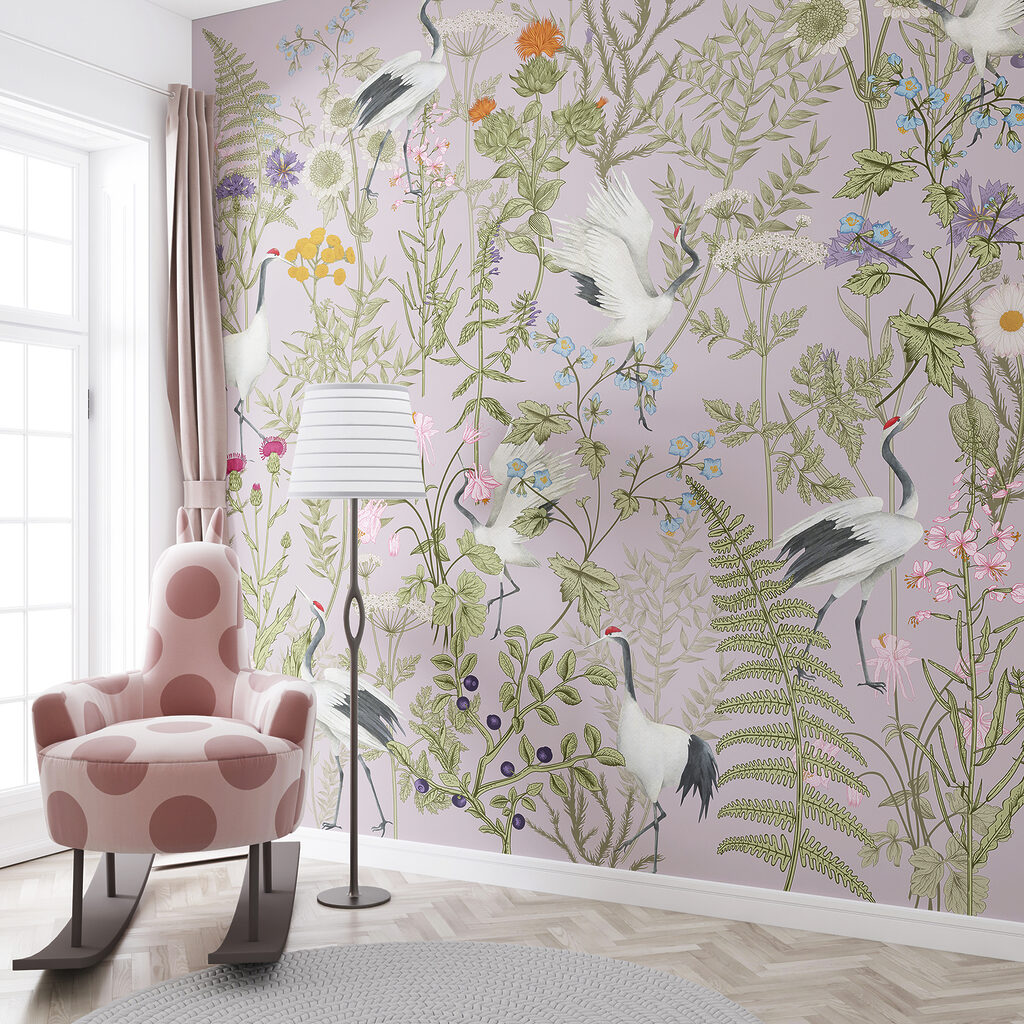 A wallpaper with birds and plants