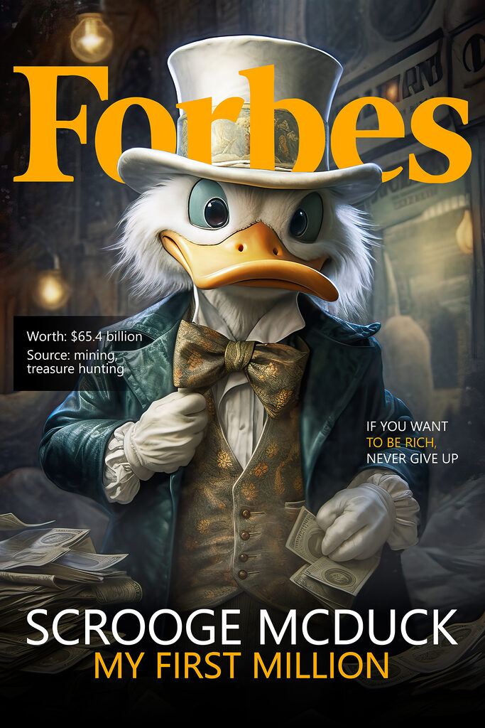 A duck wearing a suit and a bow tie holding money