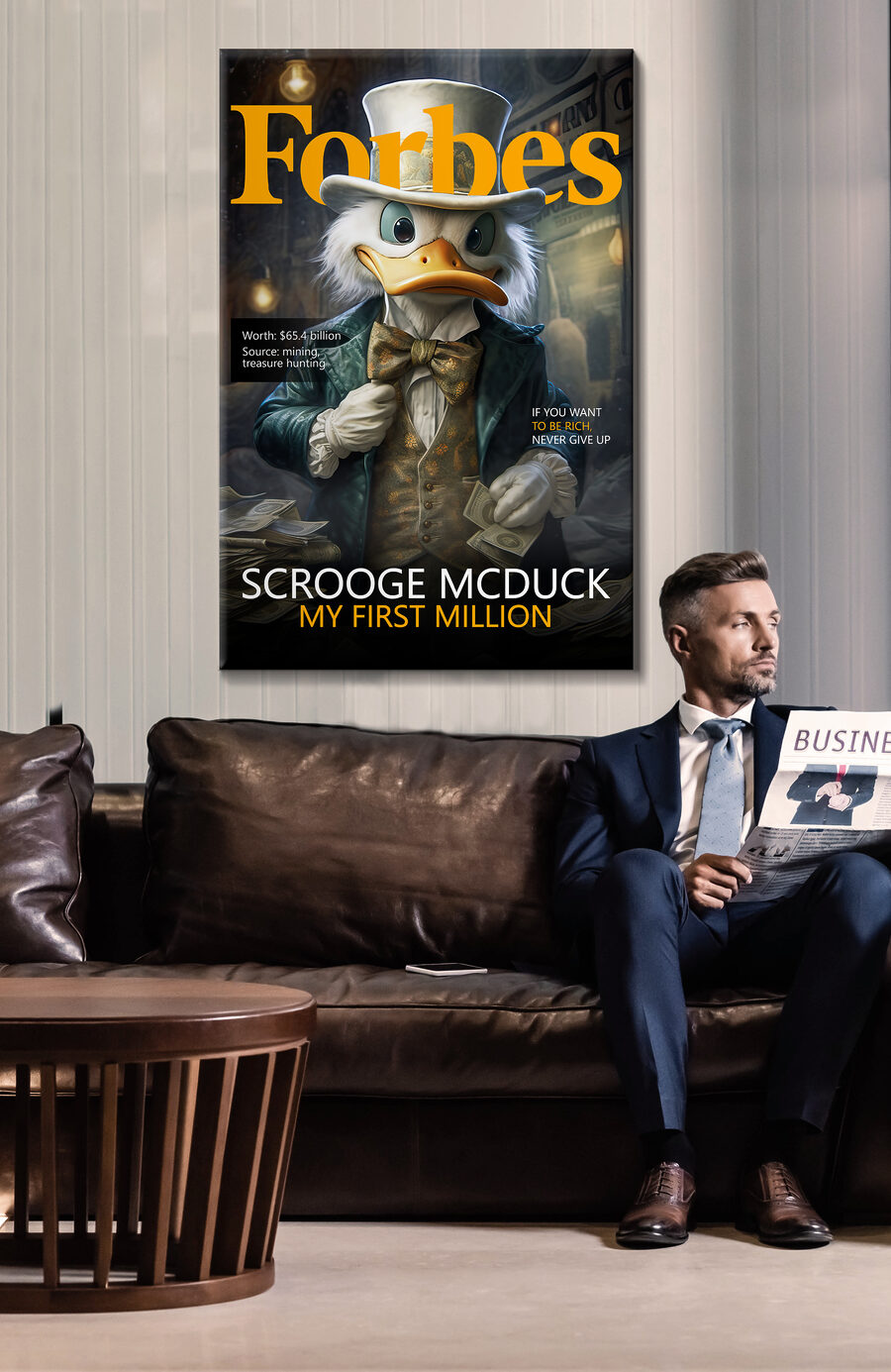 Kachna v obleku a s motýlkem držící peníze