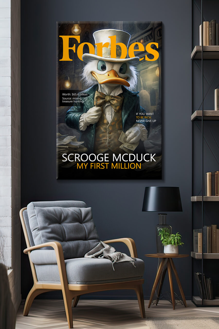 Kachna v obleku a s motýlkem držící peníze