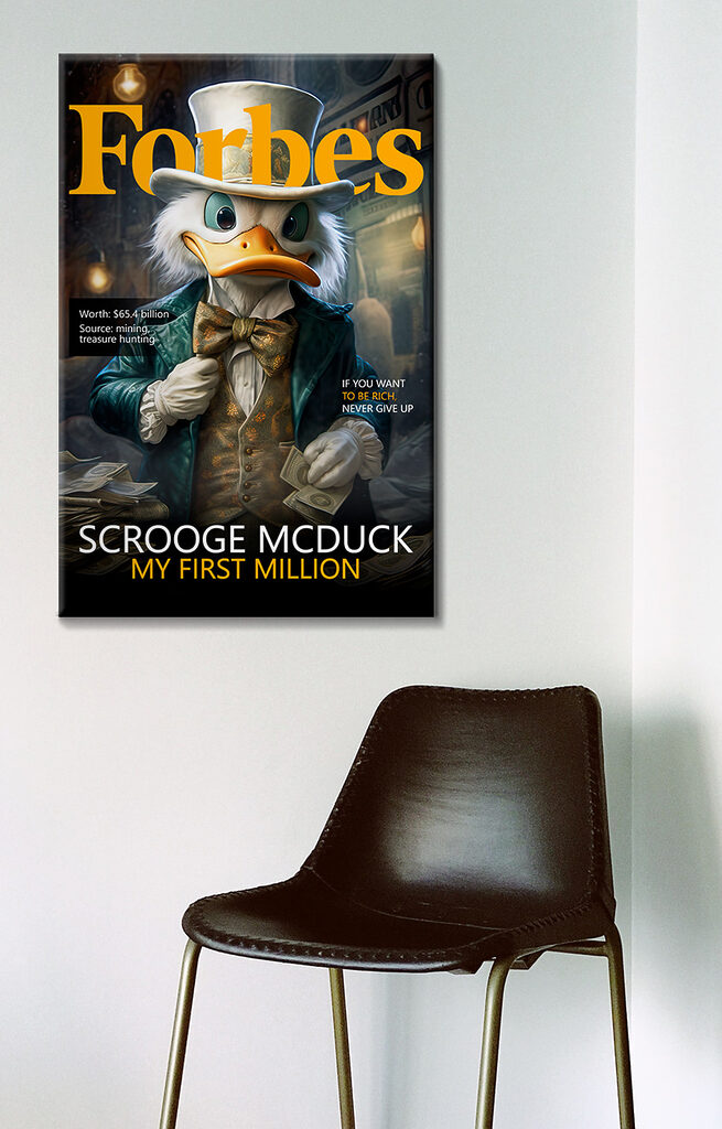 A duck wearing a suit and a bow tie holding money