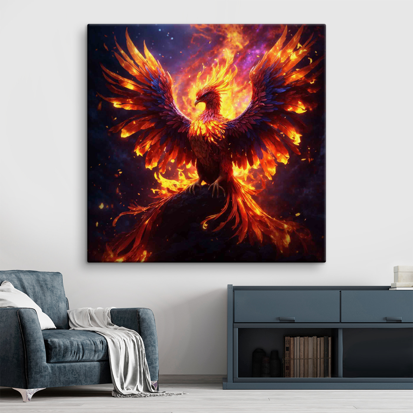 A bird with wings spread and flames in the background A bird with wings spread and flames in the background