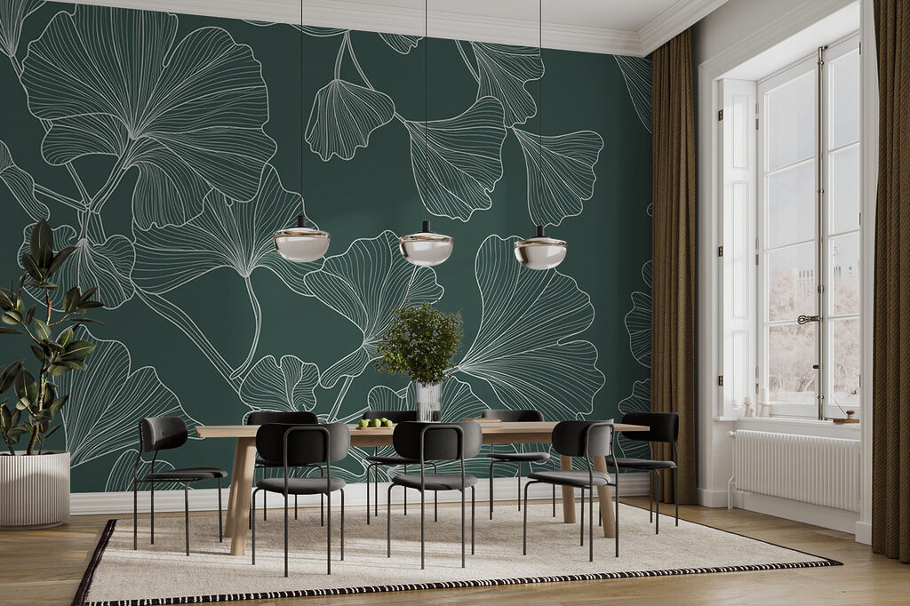 A pattern of leaves on a green background