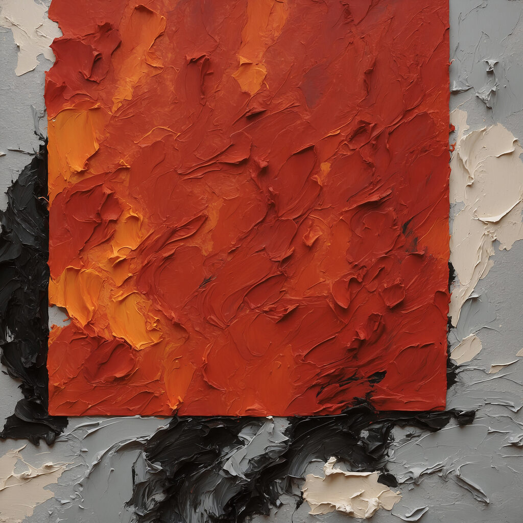 A painting of a red square with black and white paint