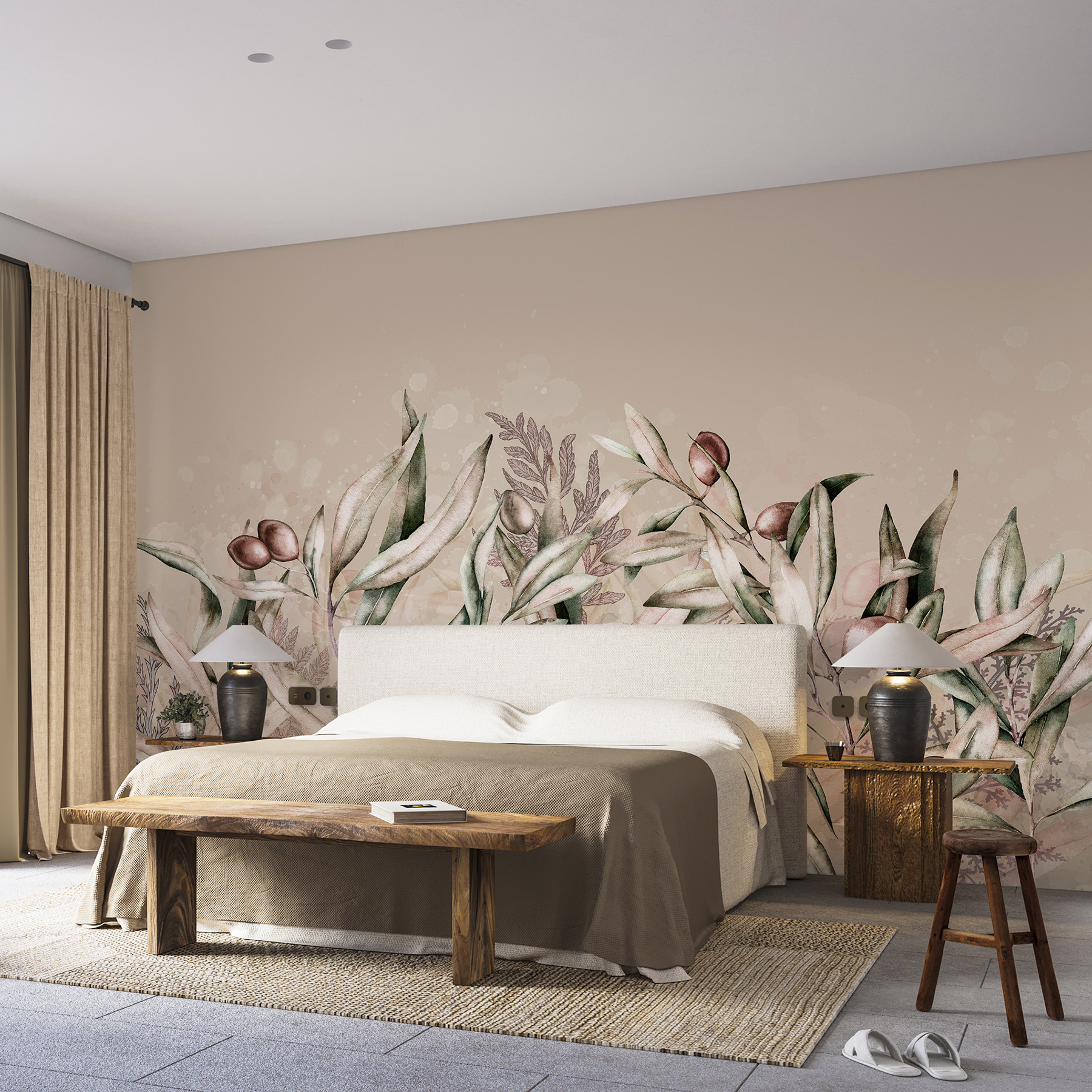 A painting of leaves and fruits