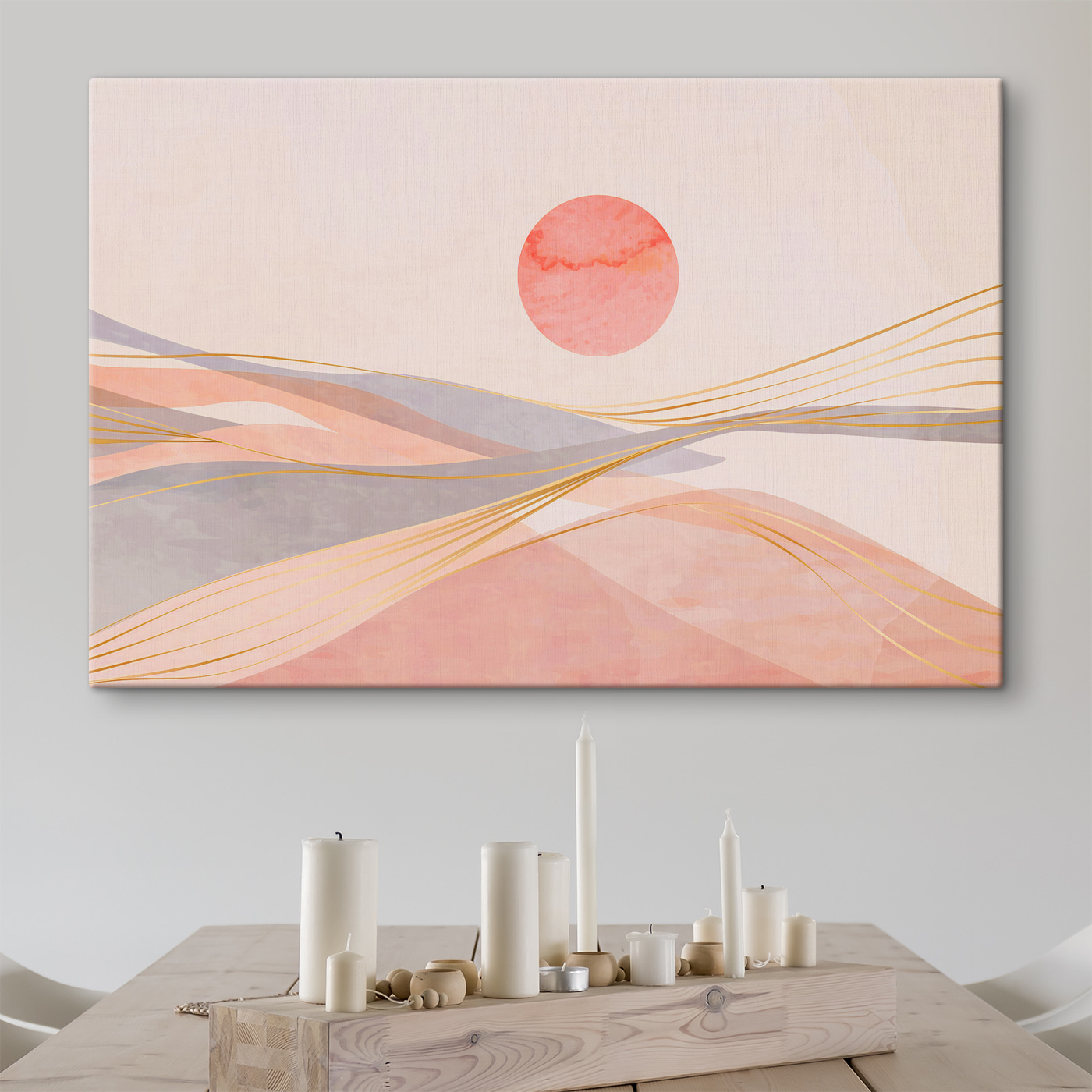 A pink and grey waves with a red sun