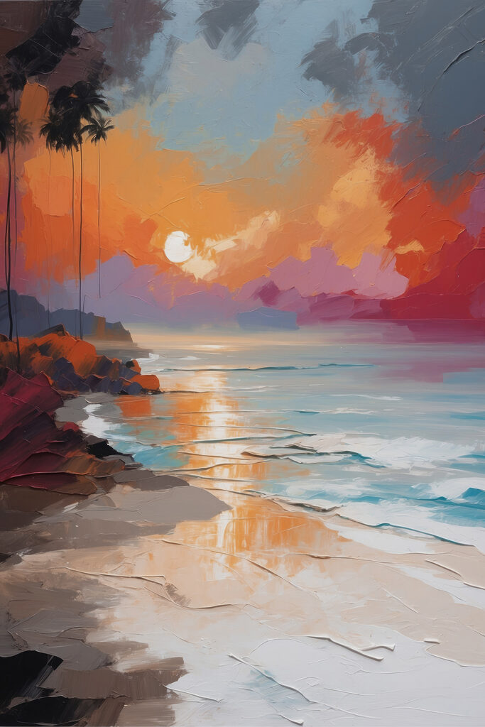 A painting of a beach with palm trees and a sunset
