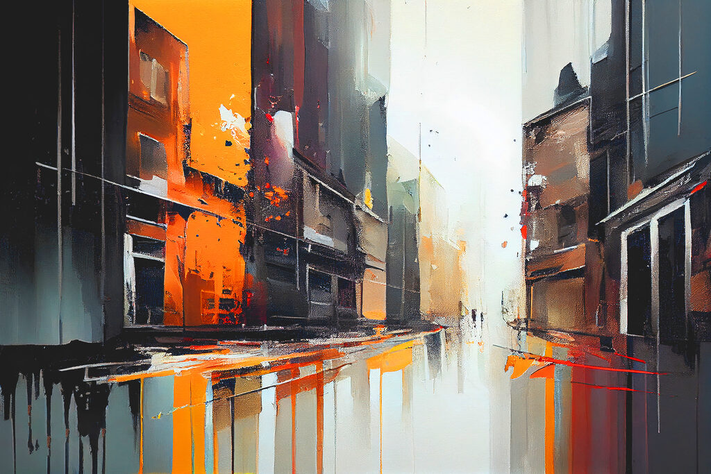 A painting of a street with buildings
