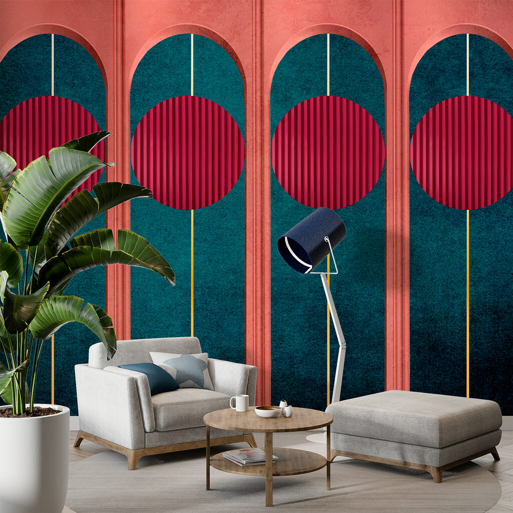 A wall with red circles and blue and green walls A wall with red circles and blue and green walls