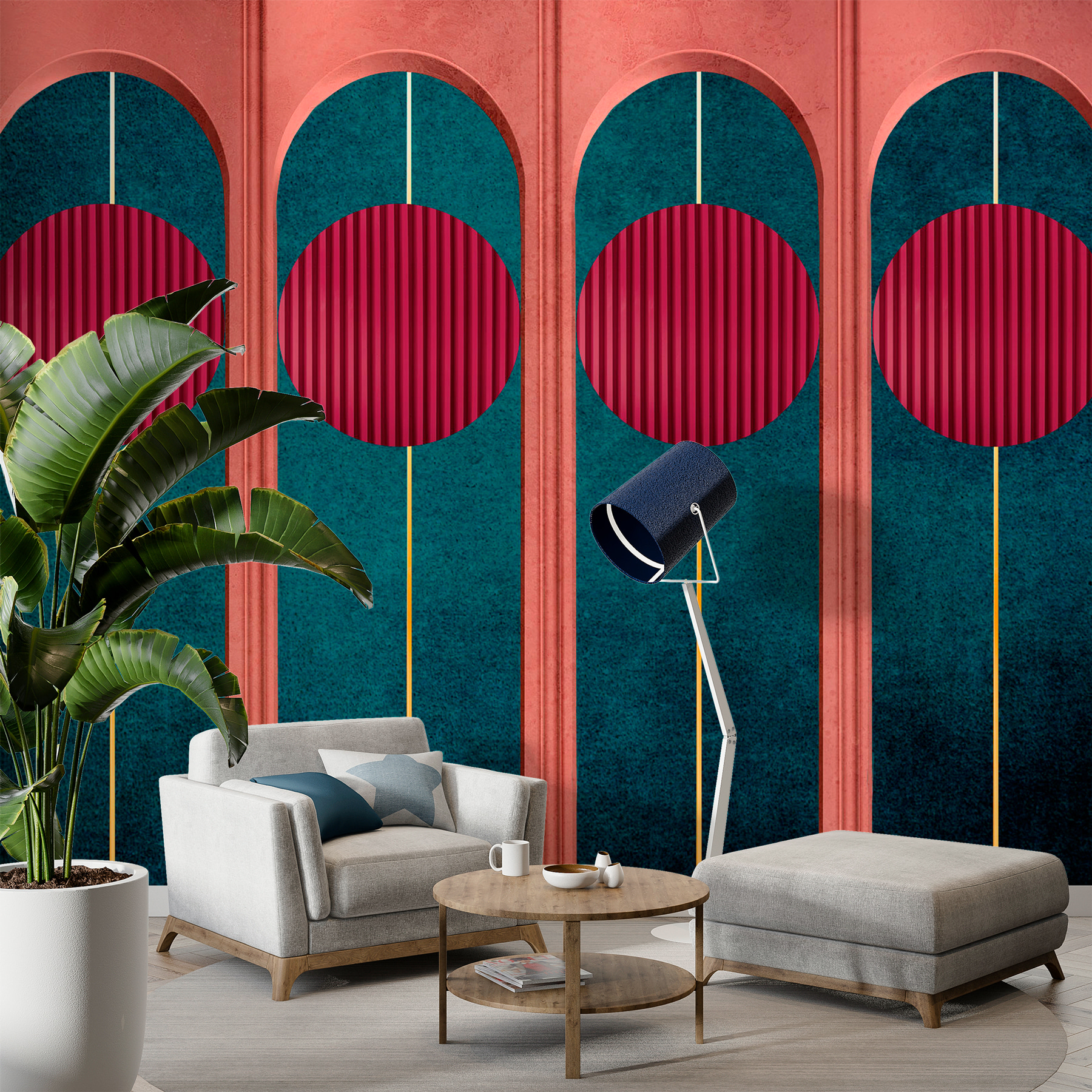 A wall with red circles and blue and green walls A wall with red circles and blue and green walls
