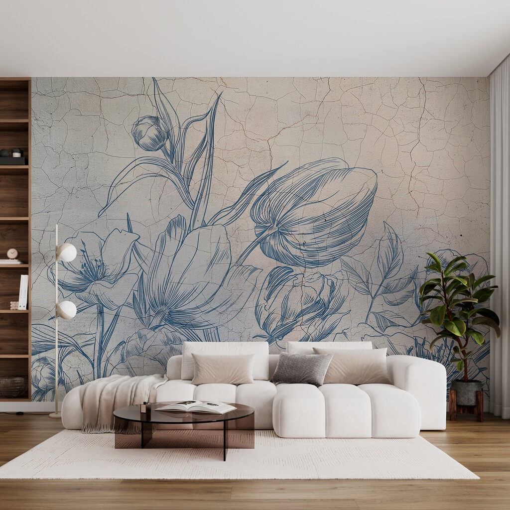 A drawing of flowers on a cracked wall