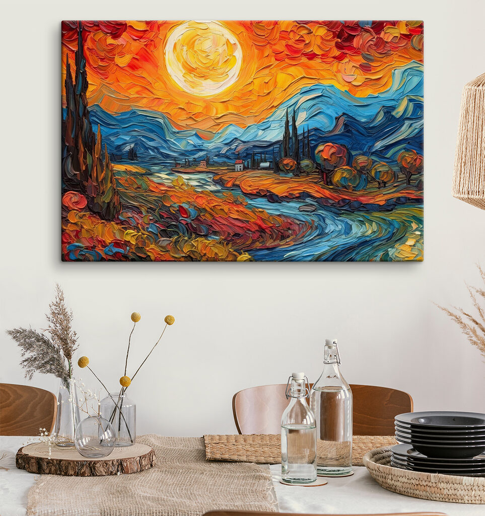 A painting of a landscape with a river and mountains