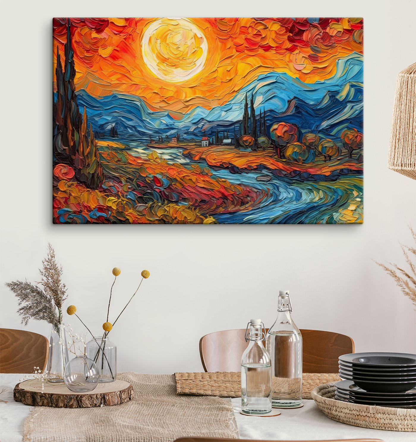 A painting of a landscape with a river and mountains