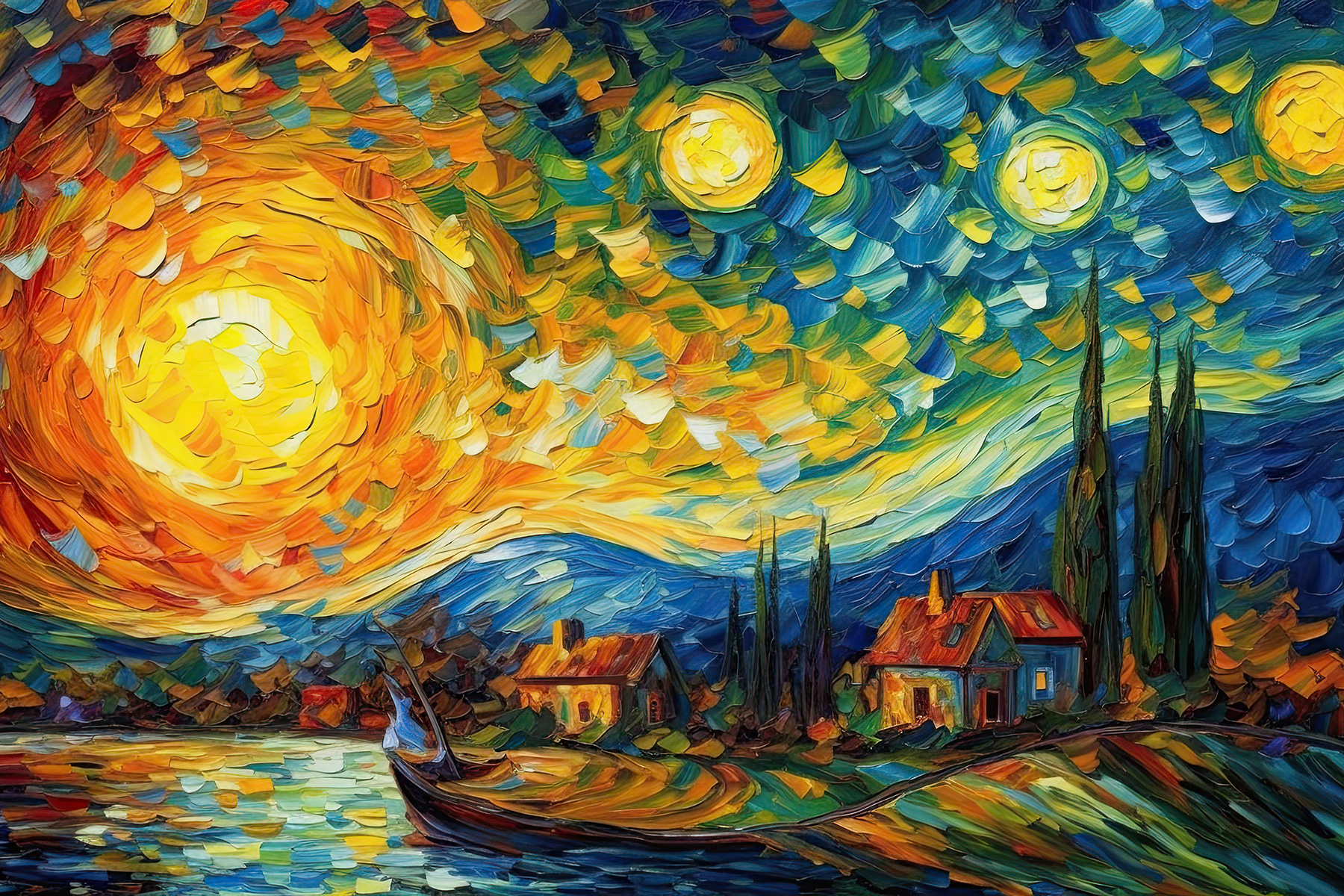 A painting of a house and a boat on a lake